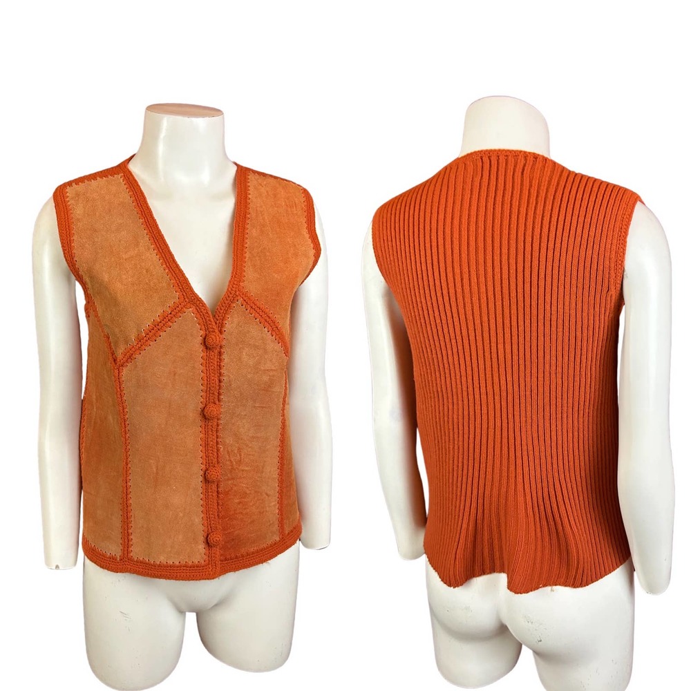 1970s Rust Orange Suede Patchwork Ribbed Knit Swe… - image 3